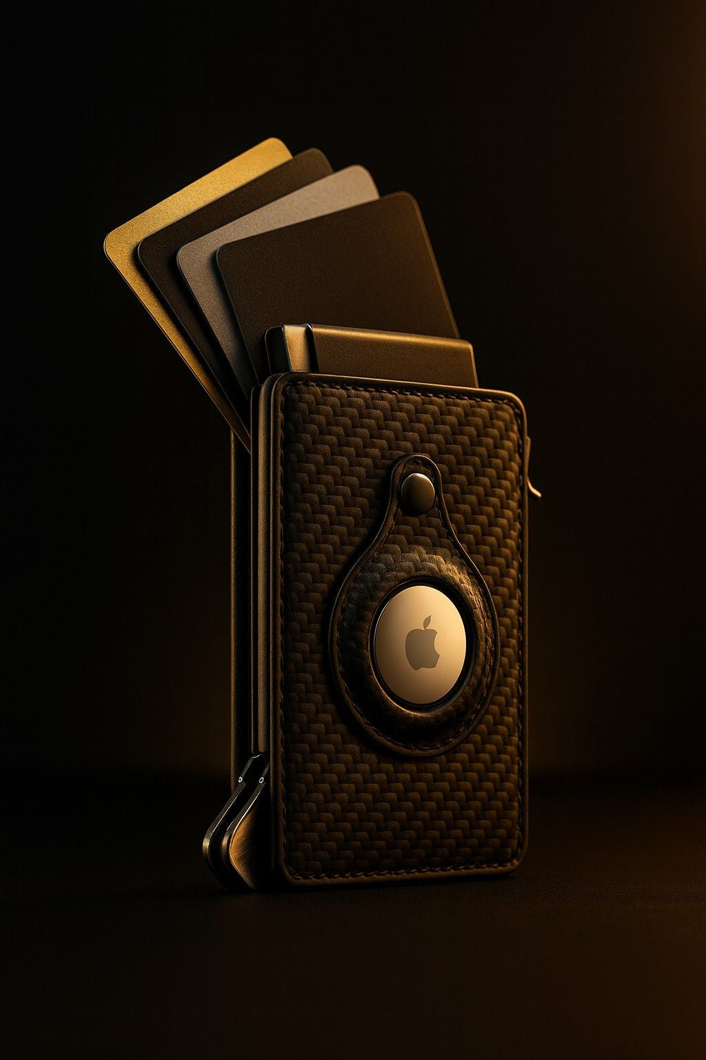 Adler & Iron carbon fiber wallet displaying credit cards in a slim, minimalist design.