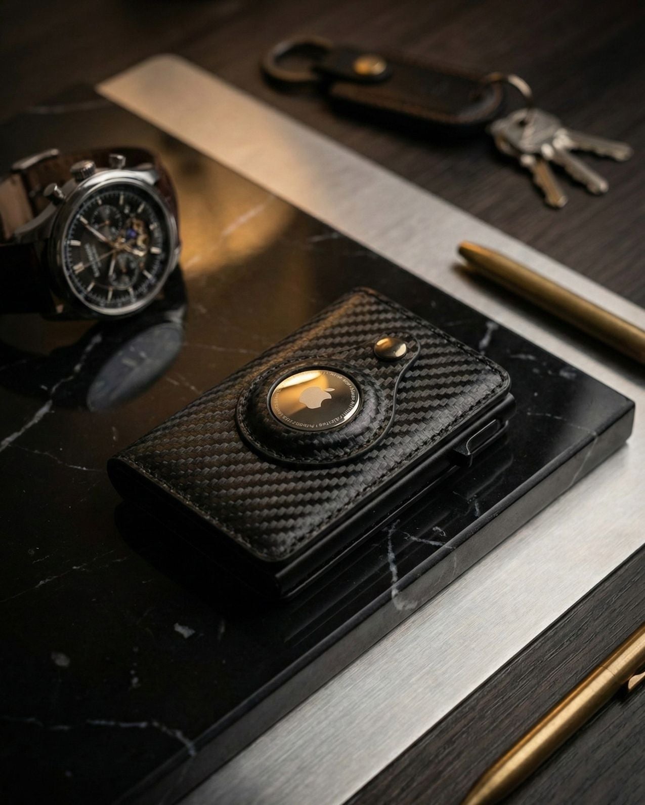 Adler & Iron carbon-fiber slim wallet with AirTag holder displayed on a wooden surface.